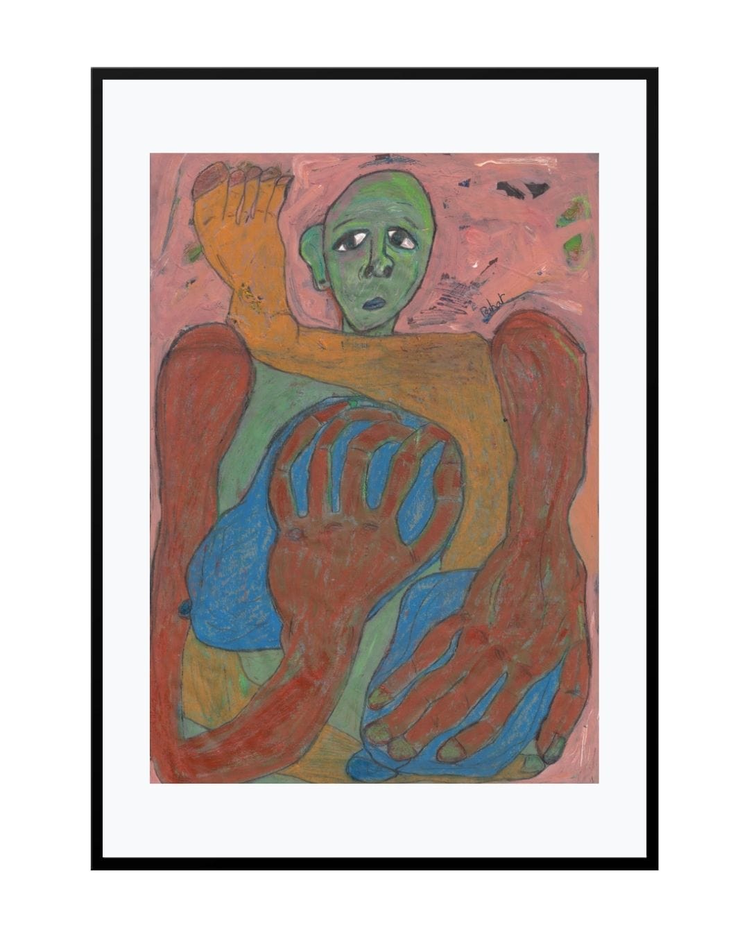 Surreal expressionist painting titled "Transformation," depicting a distorted figure in emotional metamorphosis